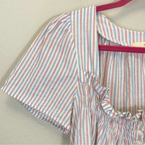 Anthropologie Isabella Sinclair Striped Smocked Neck Short Sleeve White Red S - Picture 5 of 10